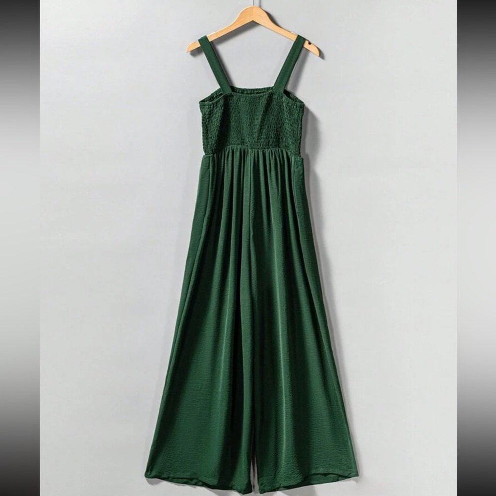 Boho Smocked Cami Top Wide Leg Pants Jumpsuit Green - Picture 5 of 11